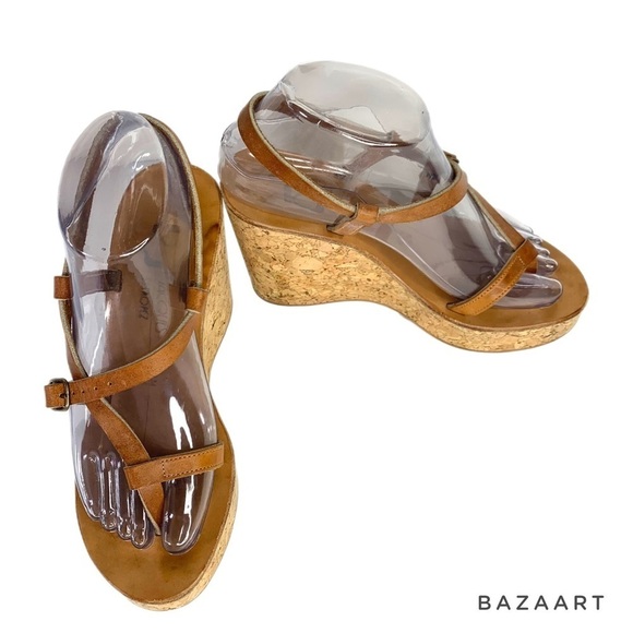 K Jacques St Tropez Brown Leather Strapped Cork Wedges Sz: 6.5 US/ 37. EU - Picture 5 of 9